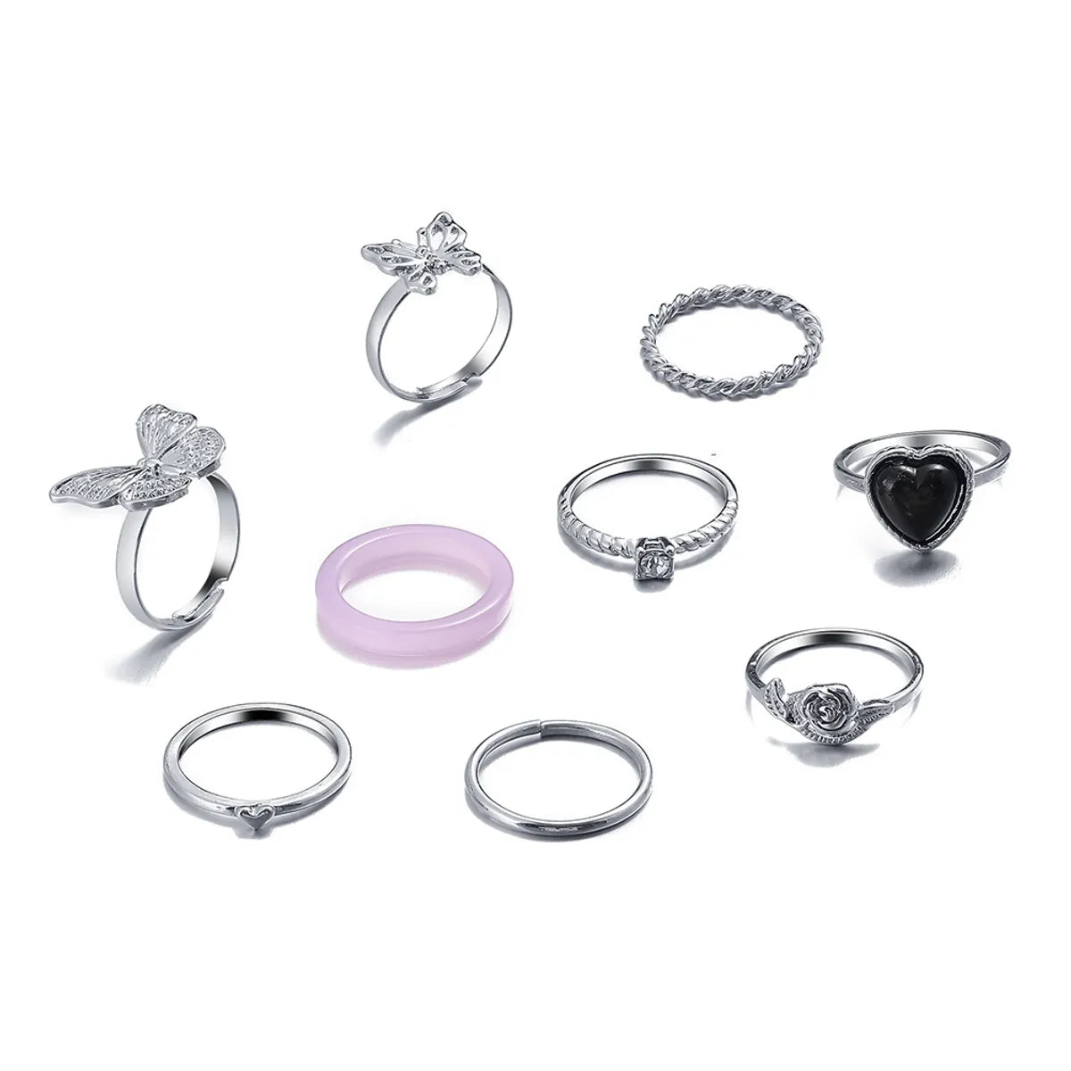 Retro Butterfly Heart Ring Set 9 Piece Set