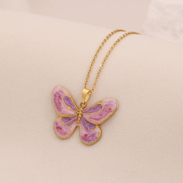 Retro Butterfly Heart Shape Pendant Necklace Fashion Angel Love Stainless Steel Clavicle Chain