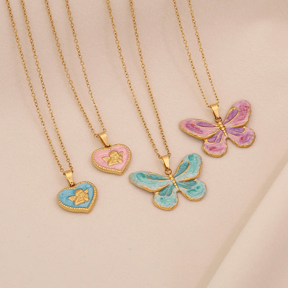 Retro Butterfly Heart Shape Pendant Necklace Fashion Angel Love Stainless Steel Clavicle Chain