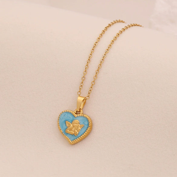 Retro Butterfly Heart Shape Pendant Necklace Fashion Angel Love Stainless Steel Clavicle Chain