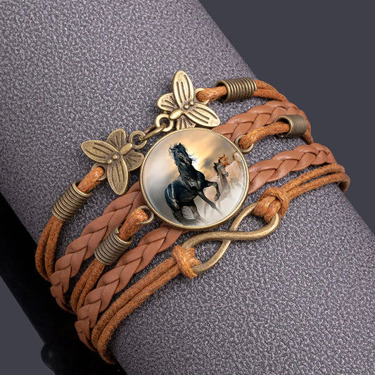 Wholesale Jewelry Retro Butterfly Horse Pu Leather Glass Bracelets