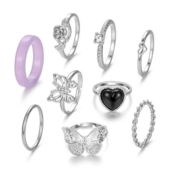 Retro Butterfly Ring Set Alloy Heart Shaped Electroplated Unisex