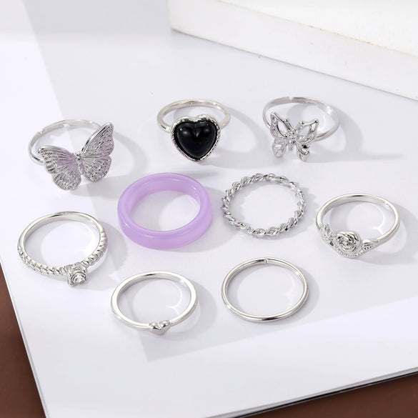 Retro Butterfly Ring Set Alloy Heart Shaped Electroplated Unisex