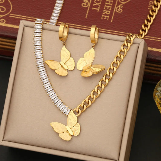 Stainless Steel 18K Gold Plated Retro Plating Butterfly Bracelets Earrings Necklace