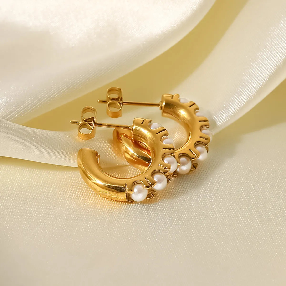 Retro C Shape Inlay Stainless Steel Pearl Gold Plated Earrings