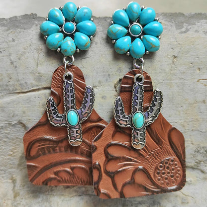 Retro Cactus Flower Pu Leather Alloy Inlay Turquoise Women's Drop Earrings 1 Pair