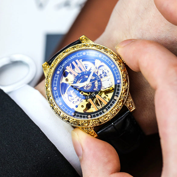 Retro Carved Doublesided Hollow Automatic Mechanical Men's Watch With Alloy Case Genuine Leather Strap And Mineral Reinforced Glass Mirror