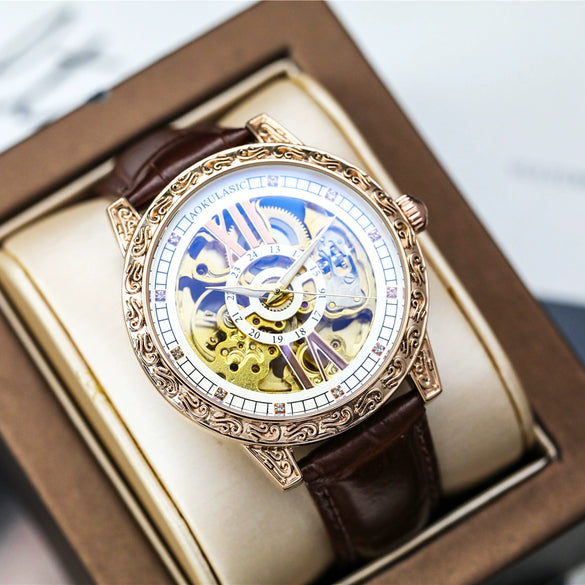 Retro Carved Doublesided Hollow Automatic Mechanical Men's Watch With Alloy Case Genuine Leather Strap And Mineral Reinforced Glass Mirror