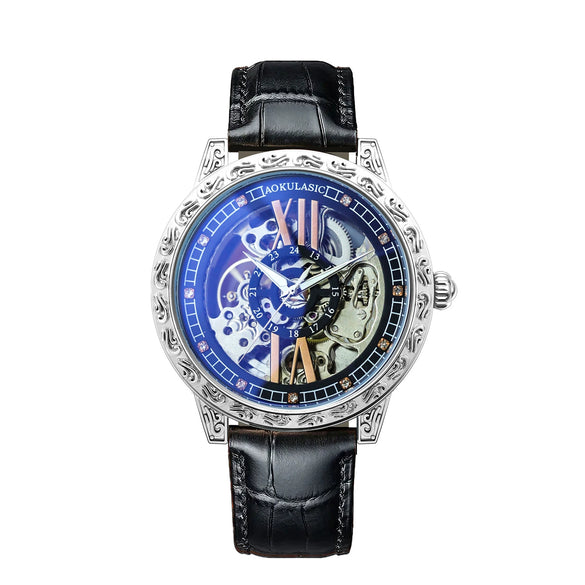 Retro Carved Doublesided Hollow Automatic Mechanical Men's Watch With Alloy Case Genuine Leather Strap And Mineral Reinforced Glass Mirror