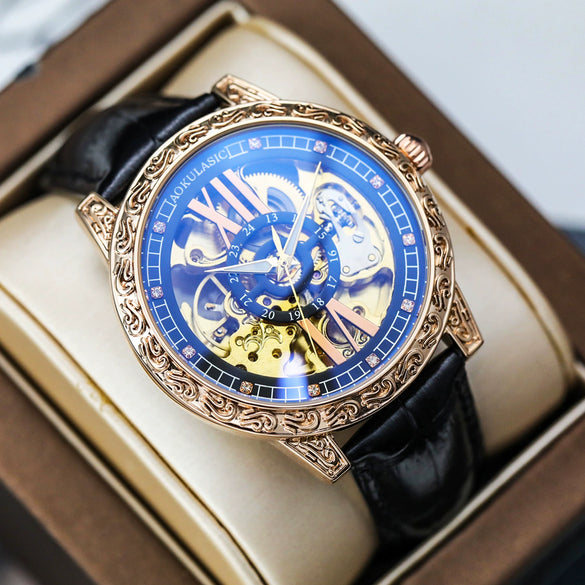 Retro Carved Doublesided Hollow Automatic Mechanical Men's Watch With Alloy Case Genuine Leather Strap And Mineral Reinforced Glass Mirror