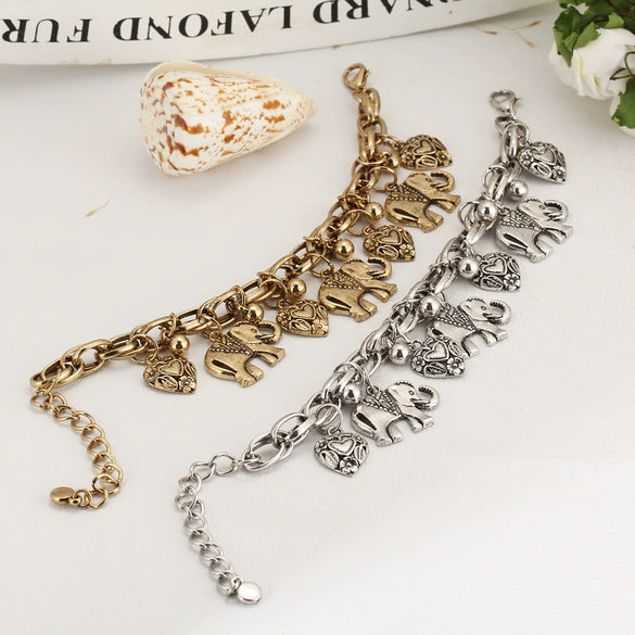 Retro Carved Elephant Alloy Anklet Bracelet For Women Electroplated Cartoon Character Jewelry