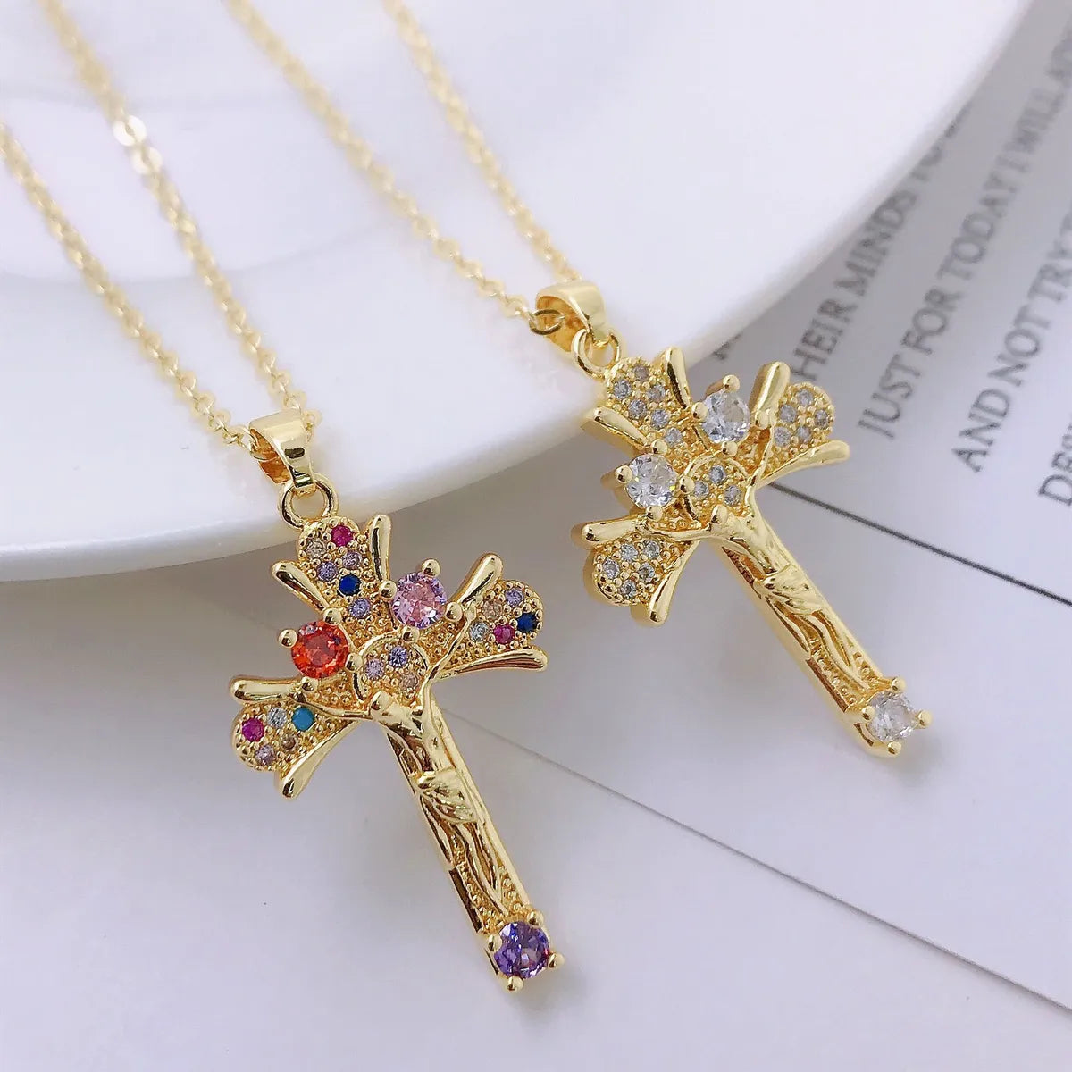 Retro Catholic Virgin Mary Jesus Cross Pendant Copper Zircon Clavicle Chain