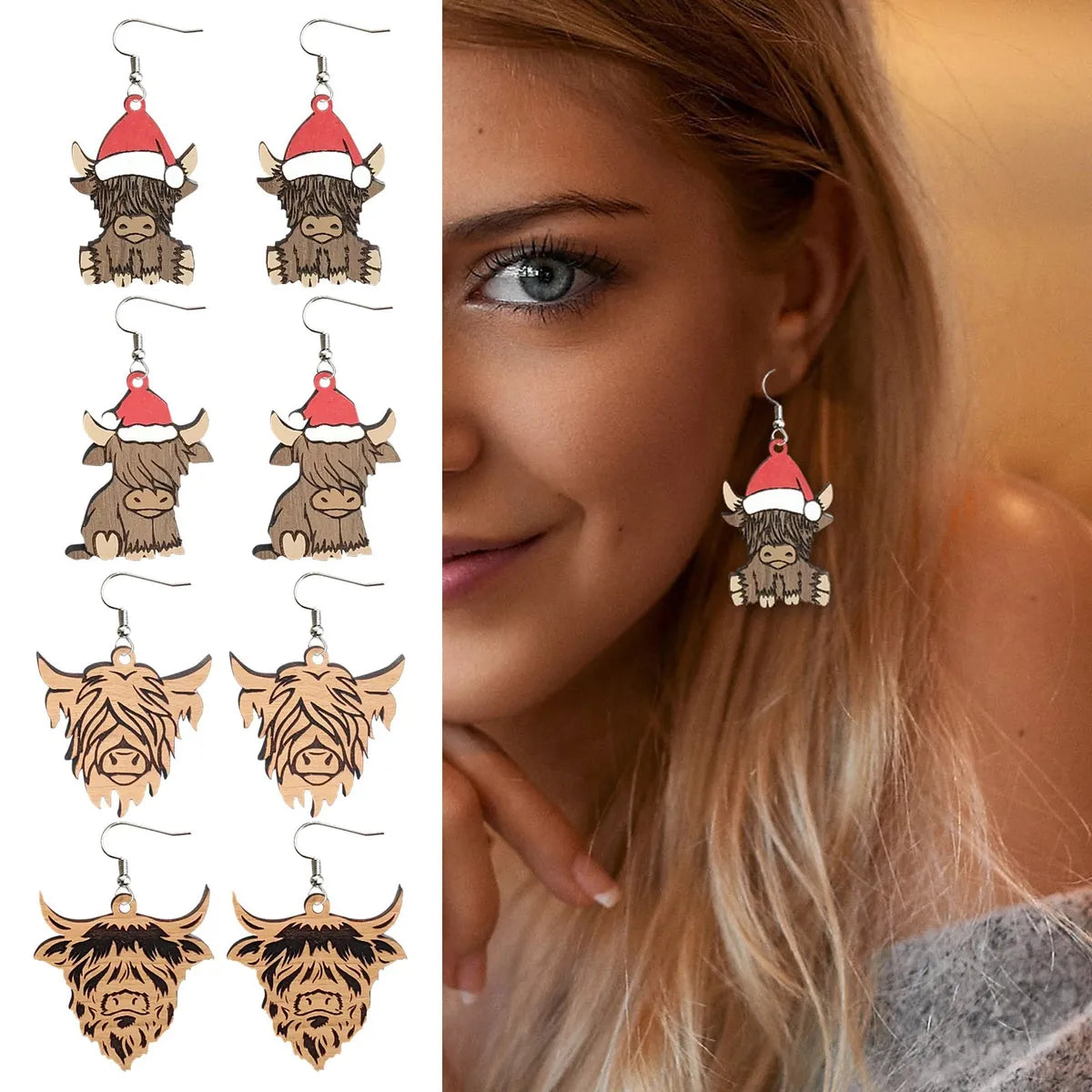 Retro Christmas Hat Cattle Wood Printing Christmas Women's Earrings 1 Pair