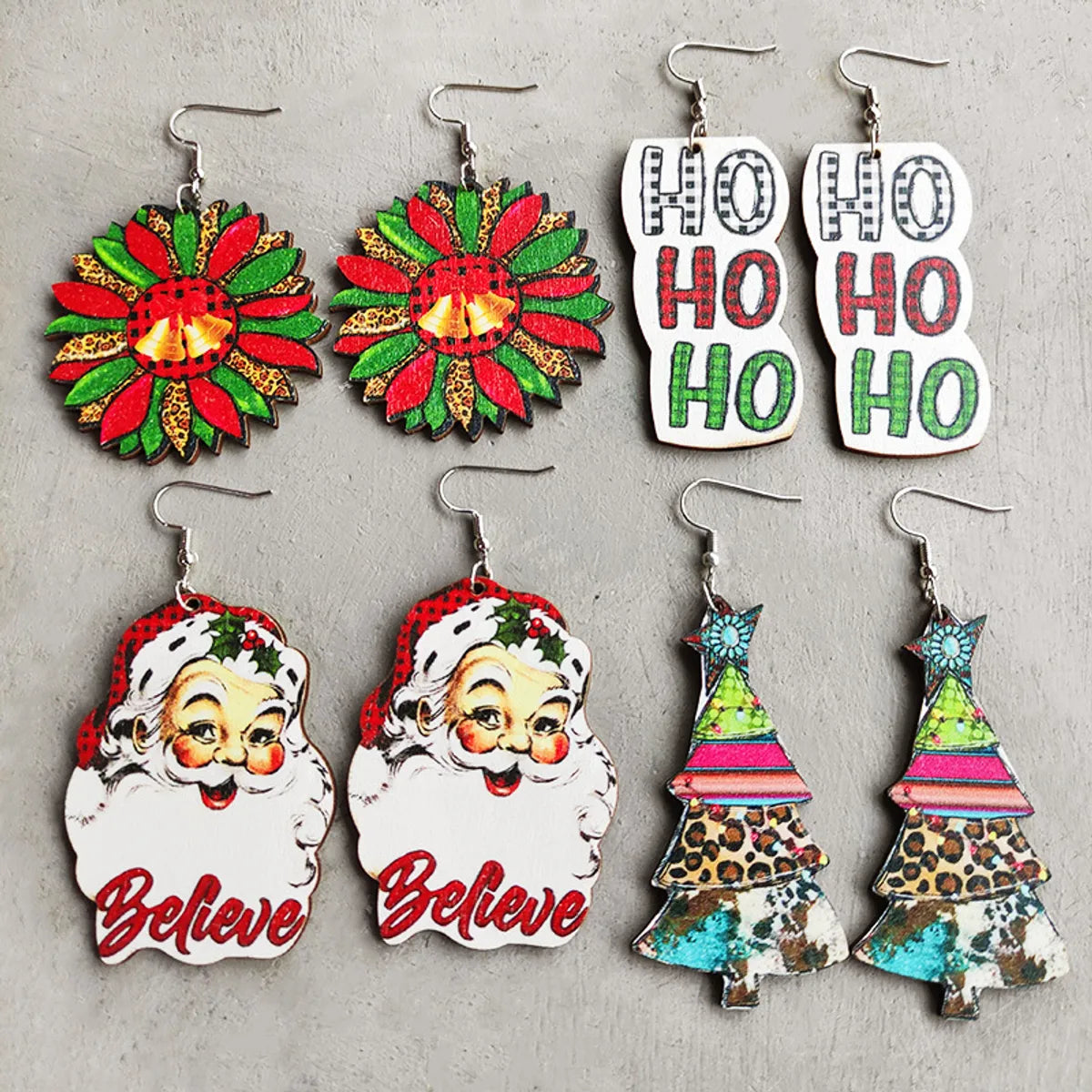 1 Pair Retro Christmas Tree Santa Claus Letter Wood Earrings