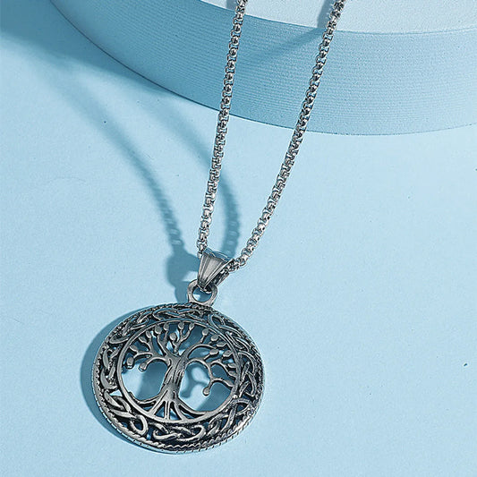 Retro Circle Hollow Tree Of Life Pendant Titanium Steel Necklace