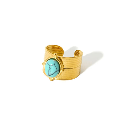 Retro Circle Stainless Steel Polishing Plating Inlay Turquoise 18k Gold Plated Rings