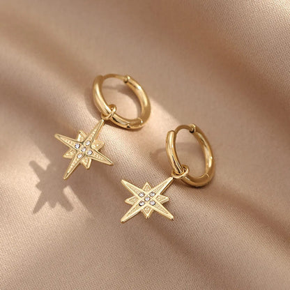 1 Pair Retro Circle Star Inlay Stainless Steel Zircon Drop Earrings