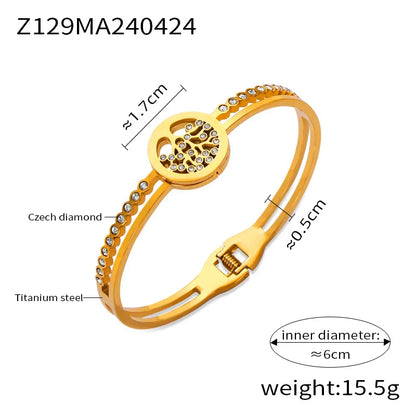 Retro Classic Style British Style Life Tree 304 Stainless Steel 18K Gold Plated Rhinestones Bangle In Bulk