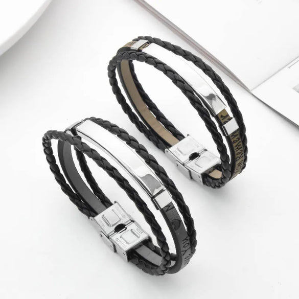 Retro Classic Style Customization Laser Engraving Pu Leather Titanium Steel Polishing Men'S Bracelets Men Cord & Leather Bracelets