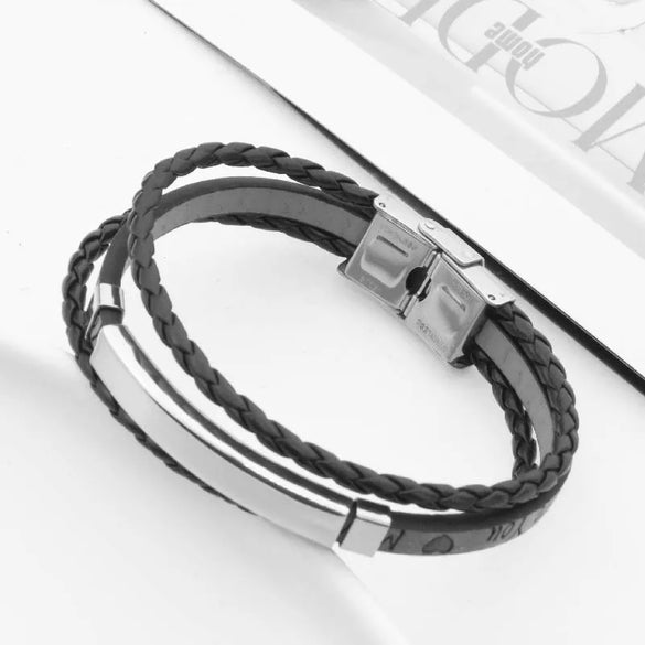 Retro Classic Style Customization Laser Engraving Pu Leather Titanium Steel Polishing Men'S Bracelets Men Cord & Leather Bracelets