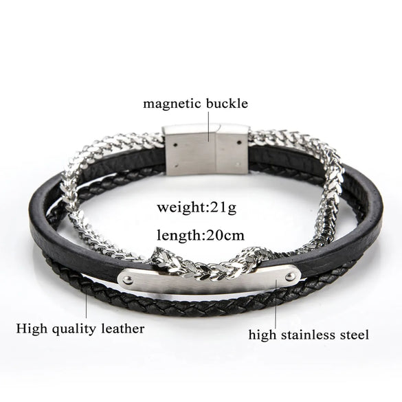 Retro Classic Style Customization Laser Engraving Pu Leather Titanium Steel Unisex Bracelets Men Cord & Leather Bracelets