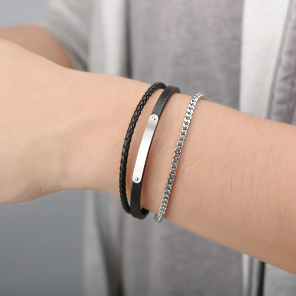 Retro Classic Style Customization Laser Engraving Pu Leather Titanium Steel Unisex Bracelets Men Cord & Leather Bracelets