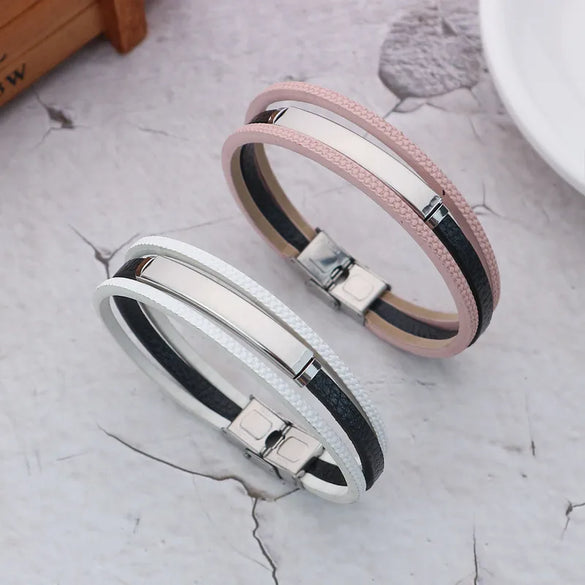 Retro Classic Style Customization Laser Engraving Pu Leather Titanium Steel Woven Chain Bangles Wholesale