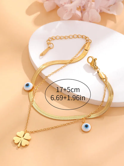 Retro Classic Style Four Leaf Clover Round Eye Titanium Steel Plating Inlay Resin Rhinestones Shell Gold Plated Bracelets