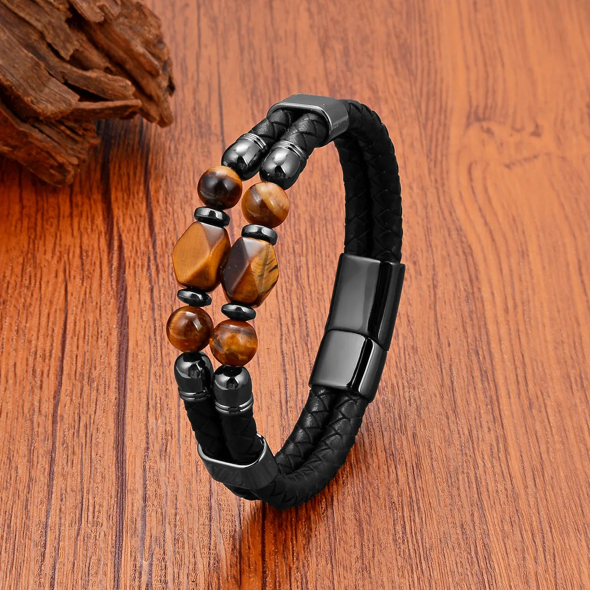 Retro Classic Style Geometric Leather Rope Tiger Eye Metal Men'S Bracelets