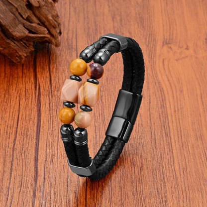 Retro Classic Style Geometric Leather Rope Tiger Eye Metal Men'S Bracelets