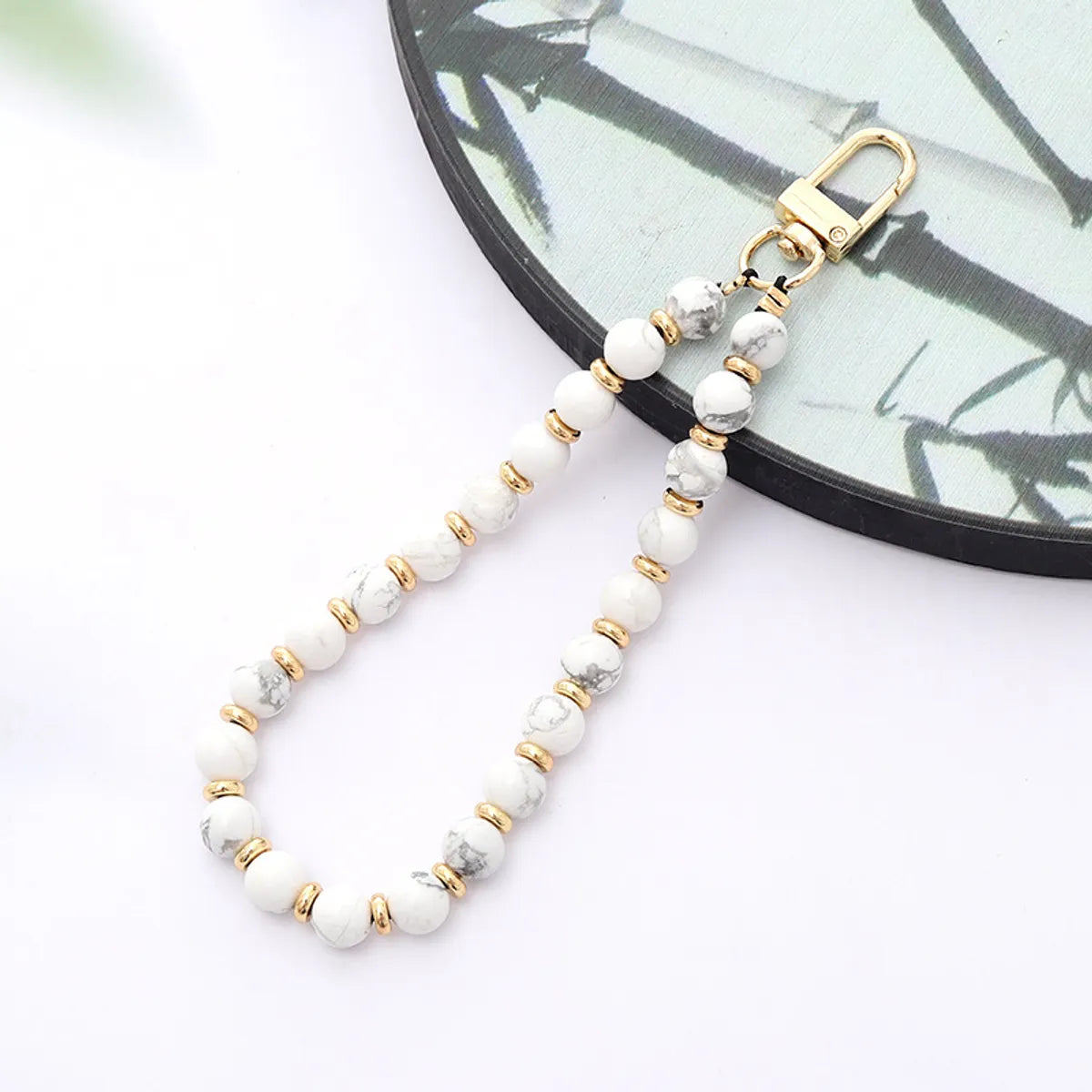 Retro Classic Style Round Alloy Natural Stone Polyester Beaded Bag Pendant Mobile Phone Chain Keychain