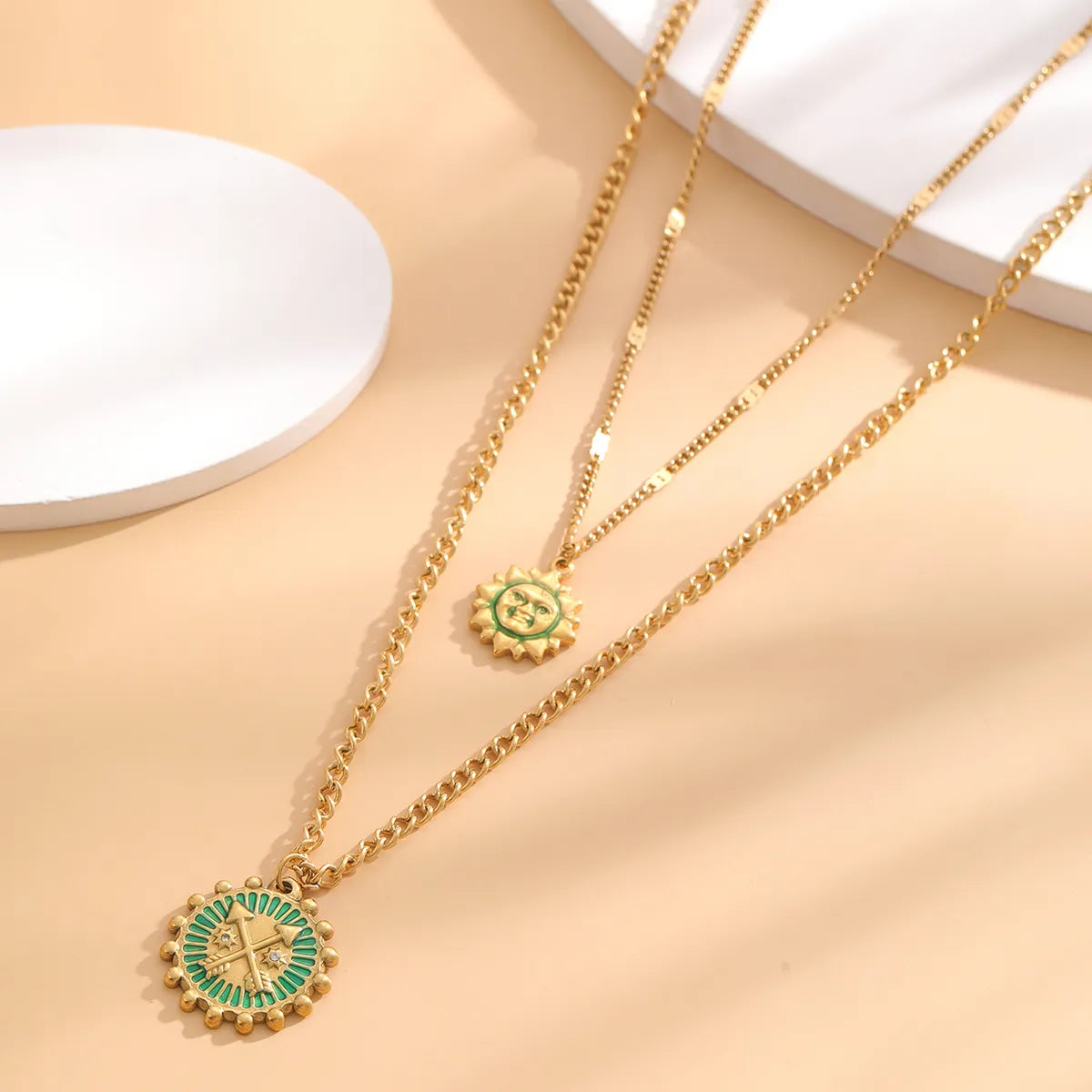 Retro Classic Style Sun Star Moon Titanium Steel Enamel Plating Inlay Resin Rhinestones 18K Gold Plated Women'S Layered Necklaces