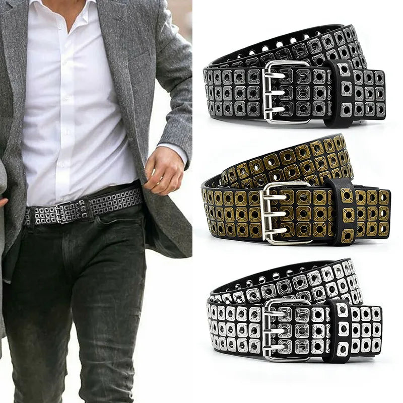 Retro Color Block Pu Leather Alloy Men'S Leather Belts