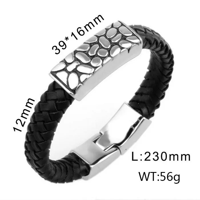 Retro Color Block Pu Leather Titanium Steel Irregular Men'S Bangle