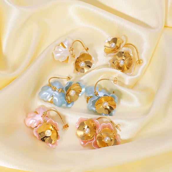 Retro Color Flower Geometric Style Pearl Earrings For Women Stainless Steel 18K Gold Vacuum Plated In Furnace