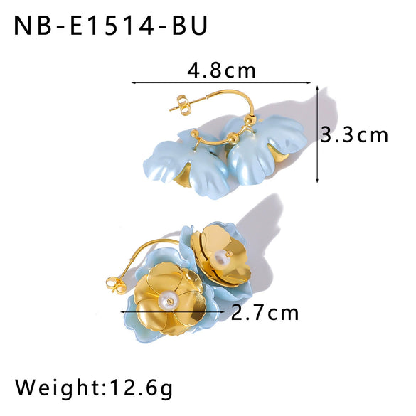 Retro Color Flower Geometric Style Pearl Earrings For Women Stainless Steel 18K Gold Vacuum Plated In Furnace