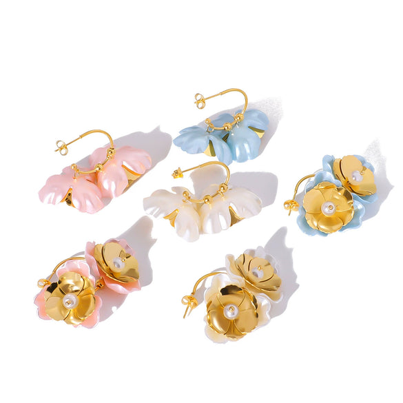 Retro Color Flower Geometric Style Pearl Earrings For Women Stainless Steel 18K Gold Vacuum Plated In Furnace