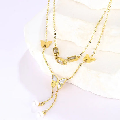 Wholesale Jewelry Retro Commute Butterfly 304 Stainless Steel Artificial Crystal Plating Inlay Double Layer Necklaces