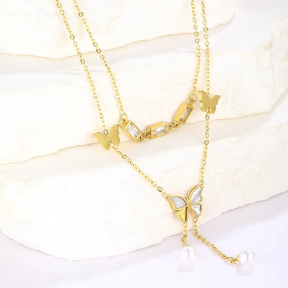 Wholesale Jewelry Retro Commute Butterfly 304 Stainless Steel Artificial Crystal Plating Inlay Double Layer Necklaces