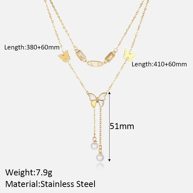 Wholesale Jewelry Retro Commute Butterfly 304 Stainless Steel Artificial Crystal Plating Inlay Double Layer Necklaces