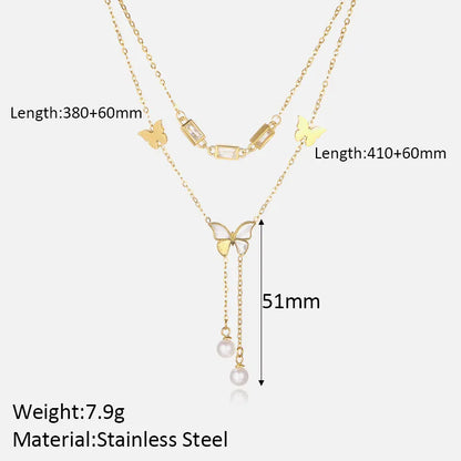 Wholesale Jewelry Retro Commute Butterfly 304 Stainless Steel Artificial Crystal Plating Inlay Double Layer Necklaces