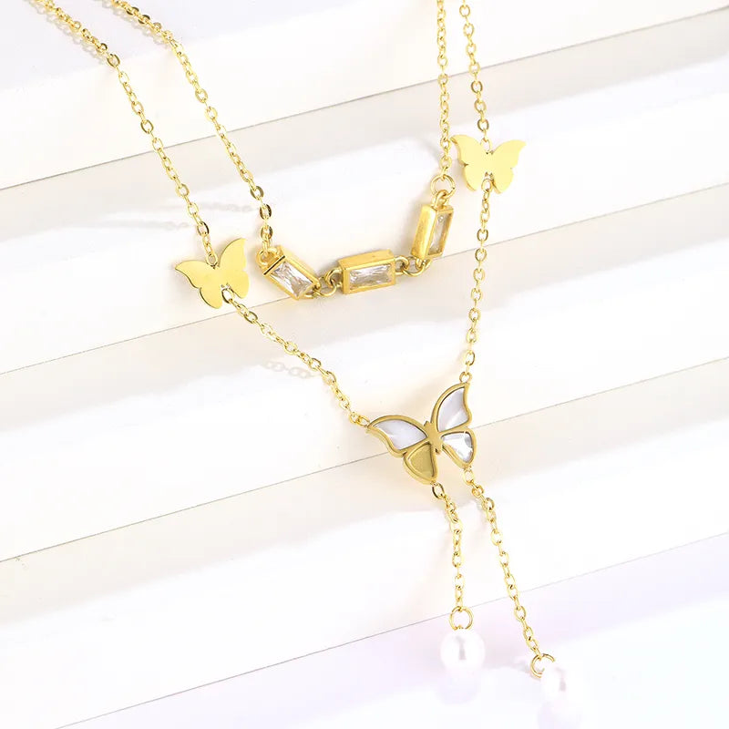 Wholesale Jewelry Retro Commute Butterfly 304 Stainless Steel Artificial Crystal Plating Inlay Double Layer Necklaces