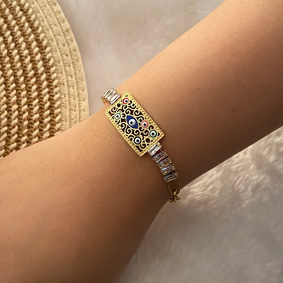 Retro Commute Eye Butterfly Stainless Steel Enamel Hollow Out Inlay Zircon Bracelets