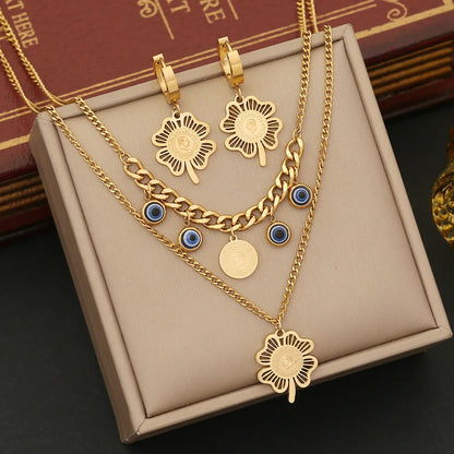 Retro Commute Eye Flower Stainless Steel Plating Hollow Out Earrings Necklace