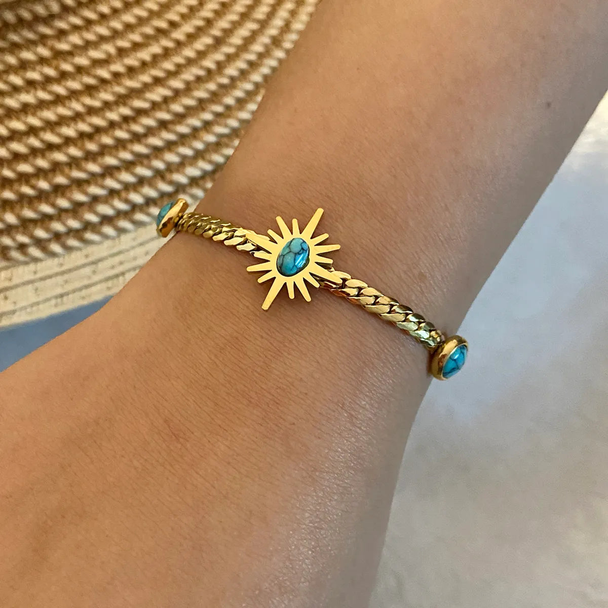 Stainless Steel 18K Gold Plated Retro Commute Plating Inlay Flower Butterfly Turquoise Bracelets