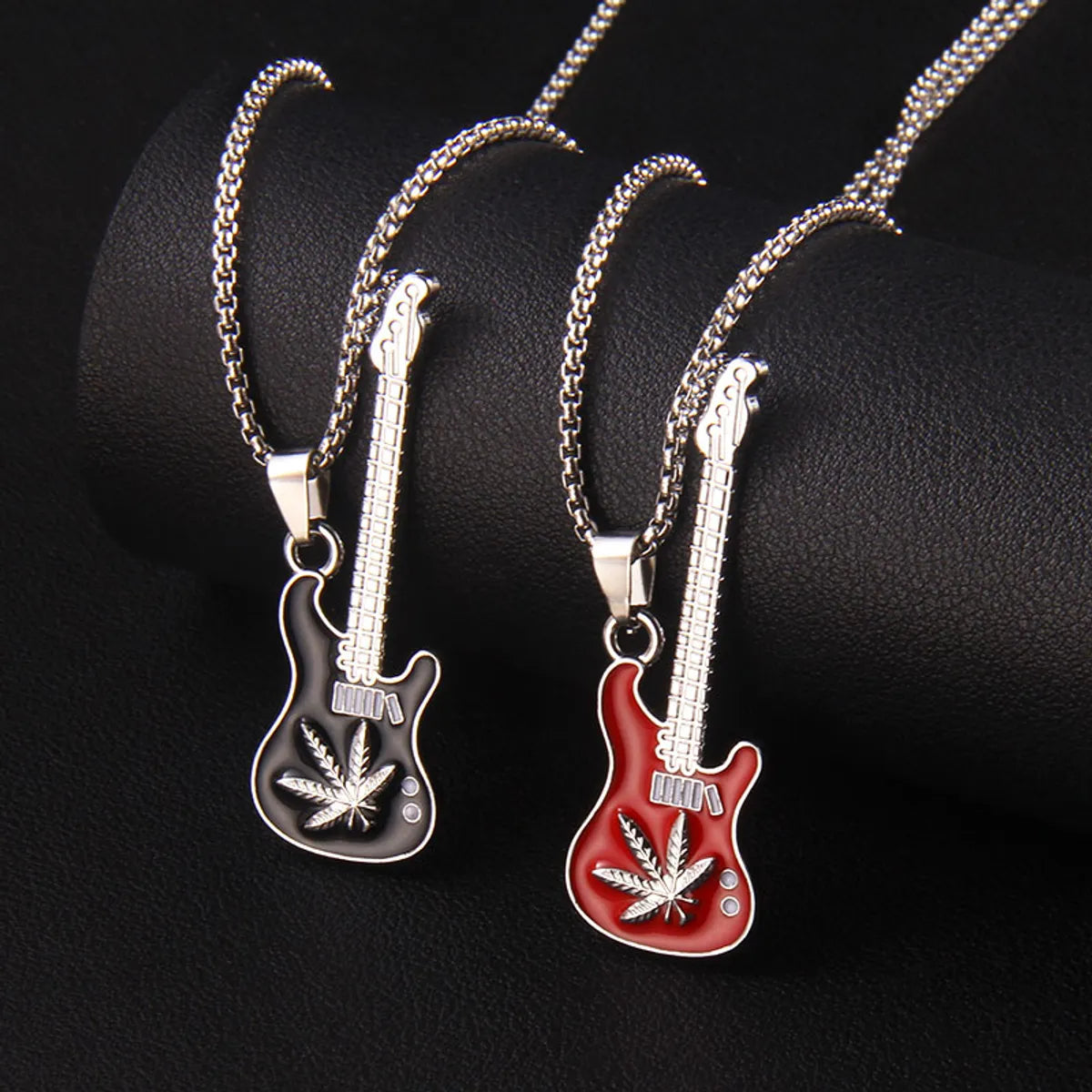 Retro Commute Guitar Maple Leaf Stainless Steel Alloy Enamel Unisex Pendant Necklace