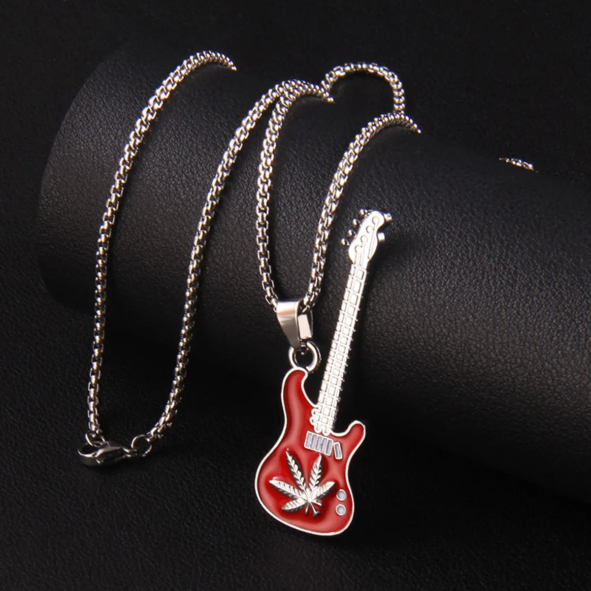 Retro Commute Guitar Maple Leaf Stainless Steel Alloy Enamel Unisex Pendant Necklace