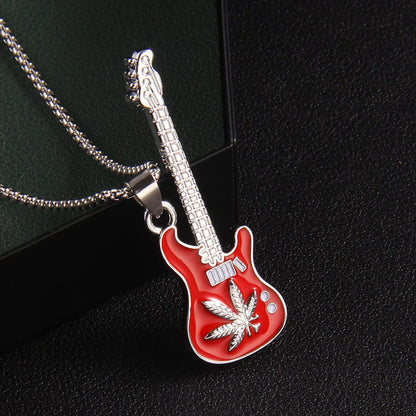 Retro Commute Guitar Maple Leaf Stainless Steel Alloy Enamel Unisex Pendant Necklace