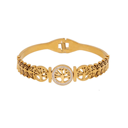 Retro Commute Life Tree Flower 304 Stainless Steel 18K Gold Plated Zircon Bangle In Bulk