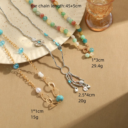 Retro Commute Round Arylic Natural Stone Freshwater Pearl Beaded Women's Sweater Chain Long Necklace